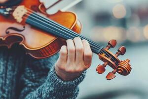 Violin player showcasing musical talent in urban setting during sunset hours photo