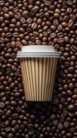 Freshly brewed coffee resting among roasted coffee beans on a textured surface photo