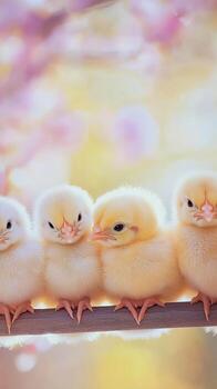 cuatro mullido amarillo polluelos encaramado en un rama en un soñador primavera ajuste foto