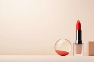 Stylish makeup display featuring red lipstick and cream blush against soft background photo