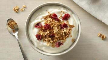 Delicious yogurt bowl topped with granola and cranberries served in a white dish photo