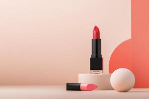 Stylish makeup display featuring red lipstick and cream blush against soft background photo