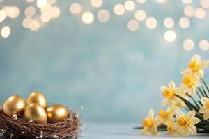 Golden eggs in a nest with yellow flowers and bokeh lights for Easter celebration photo