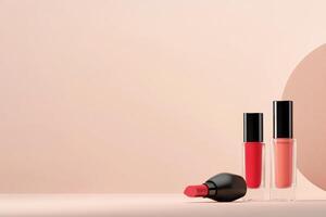 Stylish makeup display featuring red lipstick and cream blush against soft background photo