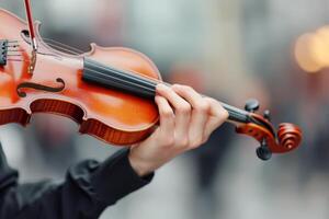 Violin player showcasing musical talent in urban setting during sunset hours photo