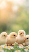 Four fluffy yellow chicks perched on a branch in a dreamy spring setting photo