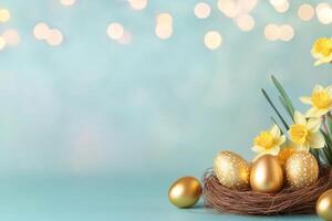 Golden eggs in a nest with yellow flowers and bokeh lights for Easter celebration photo