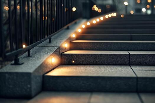 Soft lights illuminate urban stairs during evening hours in a serene setting photo