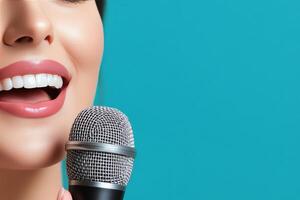 Singers performing on stage with microphones during a lively evening event photo