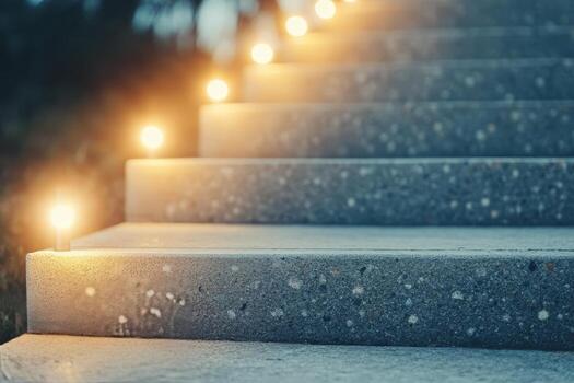 Soft lights illuminate urban stairs during evening hours in a serene setting photo