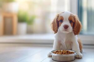 Adorable puppy sits beside a bowl of food on a wooden floor in a cozy setting photo