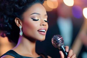 Singers performing on stage with microphones during a lively evening event photo