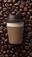 Freshly brewed coffee resting among roasted coffee beans on a textured surface photo