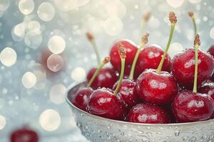Fresh cherries glistening with water droplets in a silver bowl during a summer afternoon photo