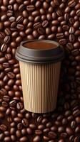 Freshly brewed coffee resting among roasted coffee beans on a textured surface photo