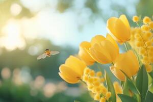 Bright yellow tulips attract a busy bee during a sunny spring afternoon photo