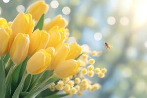 Bright yellow tulips attract a busy bee during a sunny spring afternoon photo