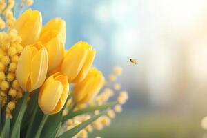 Bright yellow tulips attract a busy bee during a sunny spring afternoon photo