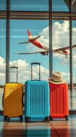 Bright suitcases with hats waiting at airport terminal as plane prepares for takeoff photo