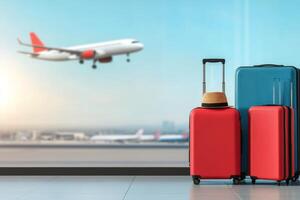Luggage ready for travel at sunset with airplane taking off in the background photo