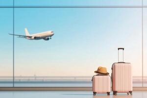 Luggage ready for travel at sunset with airplane taking off in the background photo