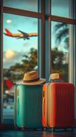 Bright suitcases with hats waiting at airport terminal as plane prepares for takeoff photo