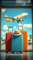 Bright suitcases with hats waiting at airport terminal as plane prepares for takeoff photo