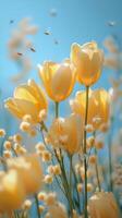 Vibrant yellow tulips surrounded by bees in a sunny spring garden moment photo