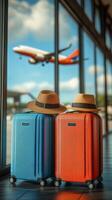 Bright suitcases with hats waiting at airport terminal as plane prepares for takeoff photo