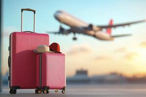 Luggage ready for travel at sunset with airplane taking off in the background photo