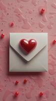 Creative heart themed envelope on a pink background with decorative beads and droplets photo