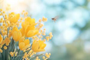 Bright yellow tulips attract a busy bee during a sunny spring afternoon photo