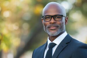 Professional man in suit poses confidently with urban backdrop during a sunny day photo