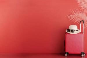 Bright red suitcase with hat and sunglasses against a vibrant wall backdrop photo