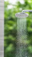 Modern shower head with sleek design and flowing water in contemporary bathroom setting photo