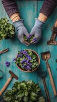 Hands planting purple flowers in pots on a blue wooden table during a gardening activity photo