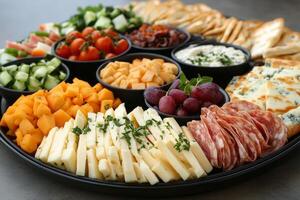 Colorful platter of assorted cheeses, meats, and vegetables arranged for festive gathering photo