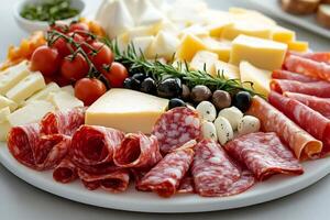 Colorful platter of assorted cheeses, meats, and vegetables arranged for festive gathering photo