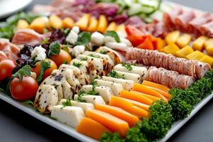 Colorful platter of assorted cheeses, meats, and vegetables arranged for festive gathering photo