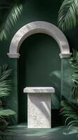 Minimalist display featuring stone pedestal and arch on green textured wall with plants photo