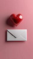 Creative heart themed envelope on a pink background with decorative beads and droplets photo