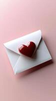 Creative heart themed envelope on a pink background with decorative beads and droplets photo