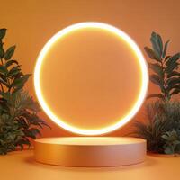 Modern circular light design on a warm orange background showcasing innovative decor elements photo