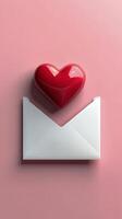 Creative heart themed envelope on a pink background with decorative beads and droplets photo