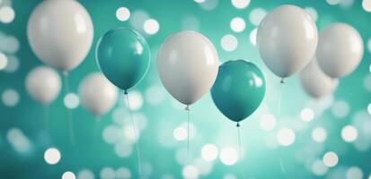 Colorful balloons floating above a blurred turquoise background during an event celebration photo