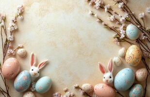 vistoso Pascua de Resurrección huevos y conejos rodeado por floreciente ramas en un suave antecedentes foto