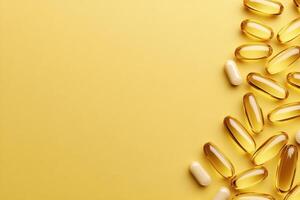 Variety of dietary supplements and vitamins on a golden surface during a wellness session photo