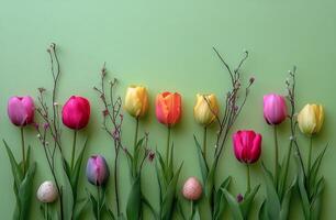 Spring floral arrangement featuring tulips and blossoms on a green backdrop photo