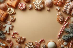 Festive holiday decorations with gifts, cookies, and candy canes arranged on a warm background photo