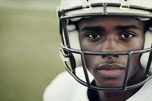 Intense football player wearing helmet and eye black during snowstorm at night photo